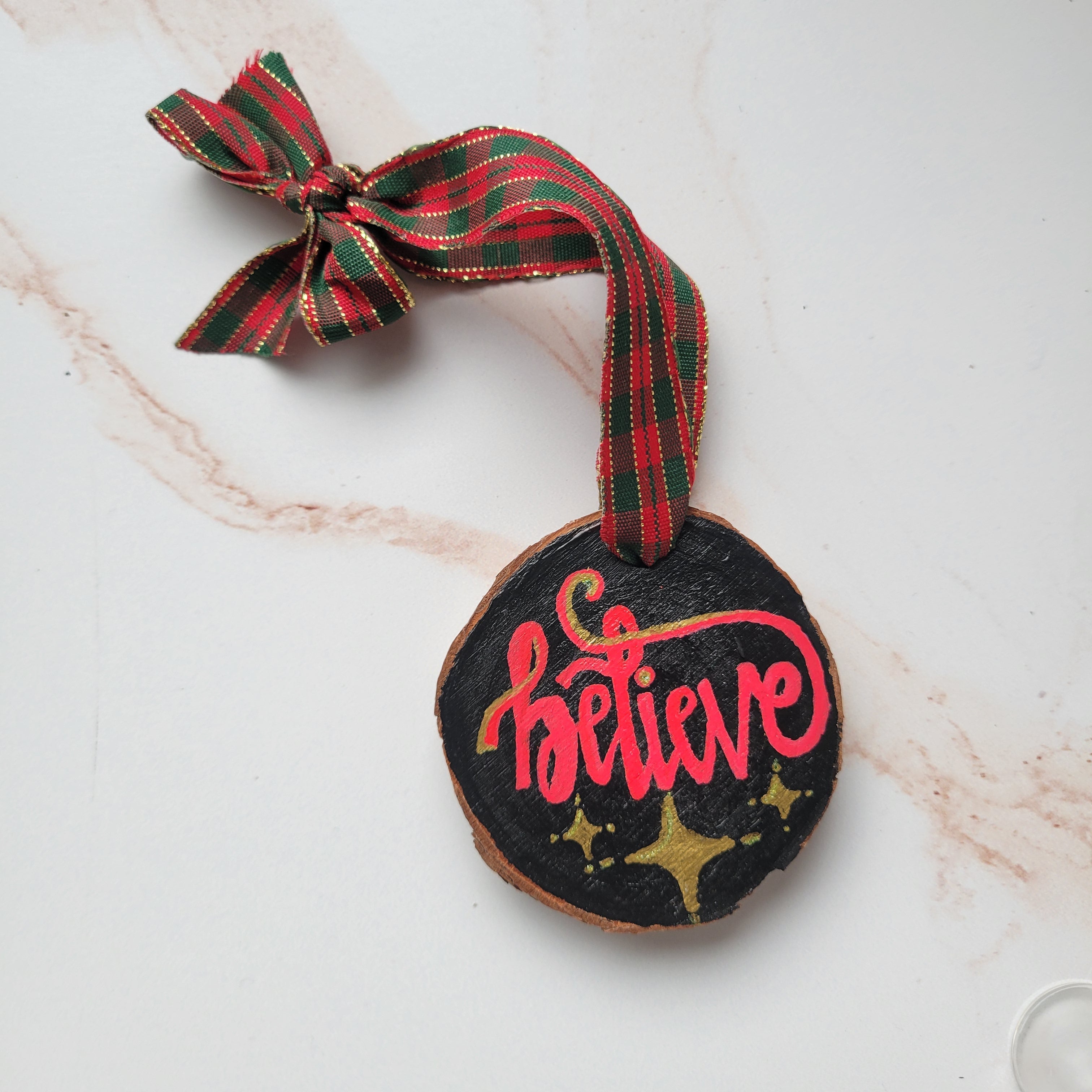 Hand-Painted Wood Slice Christmas Ornament - "Believe"-Multi-Peel & Heal Studio