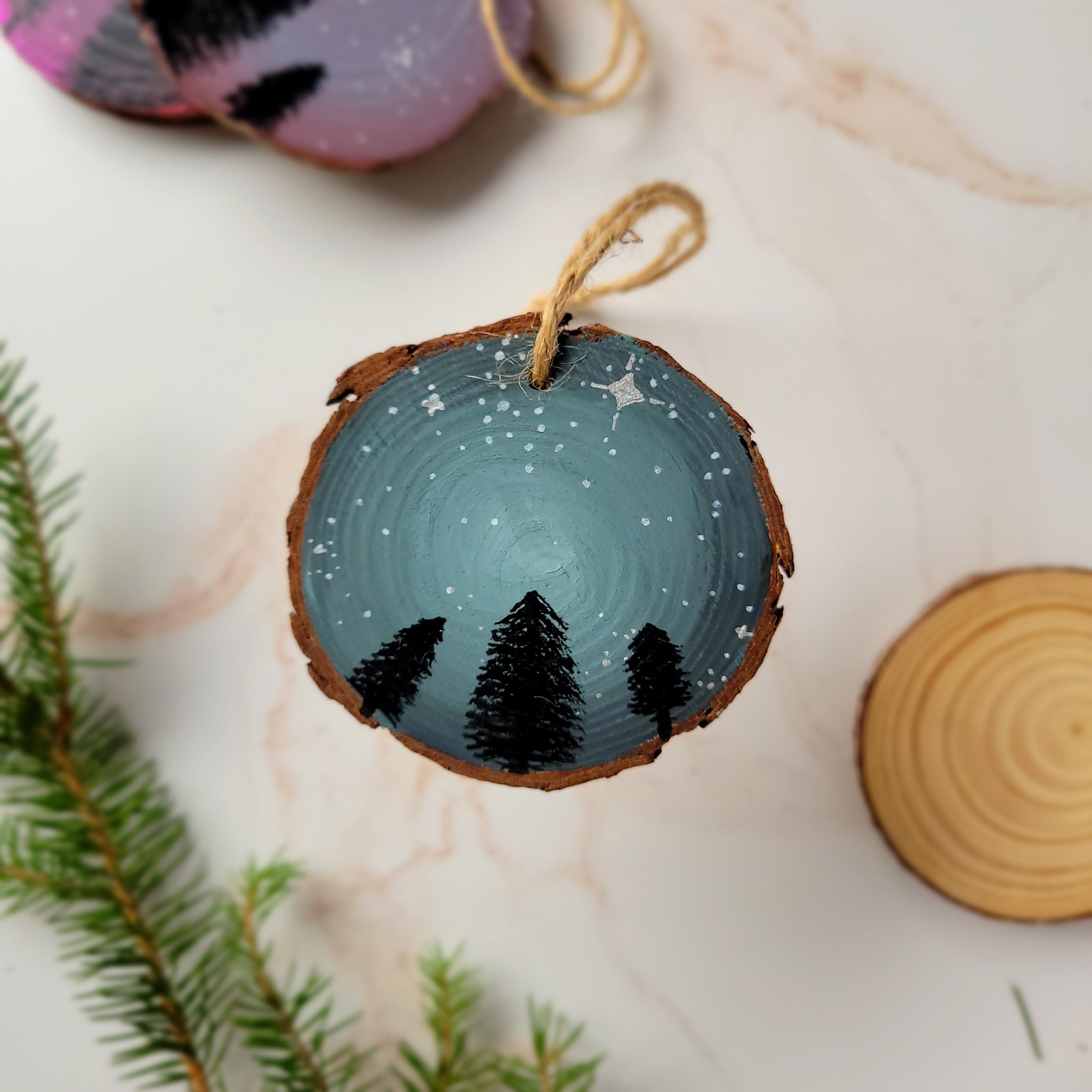 Hand-Painted Wood Slice Christmas Ornament - Cool Grey-Multi-Peel & Heal Studio