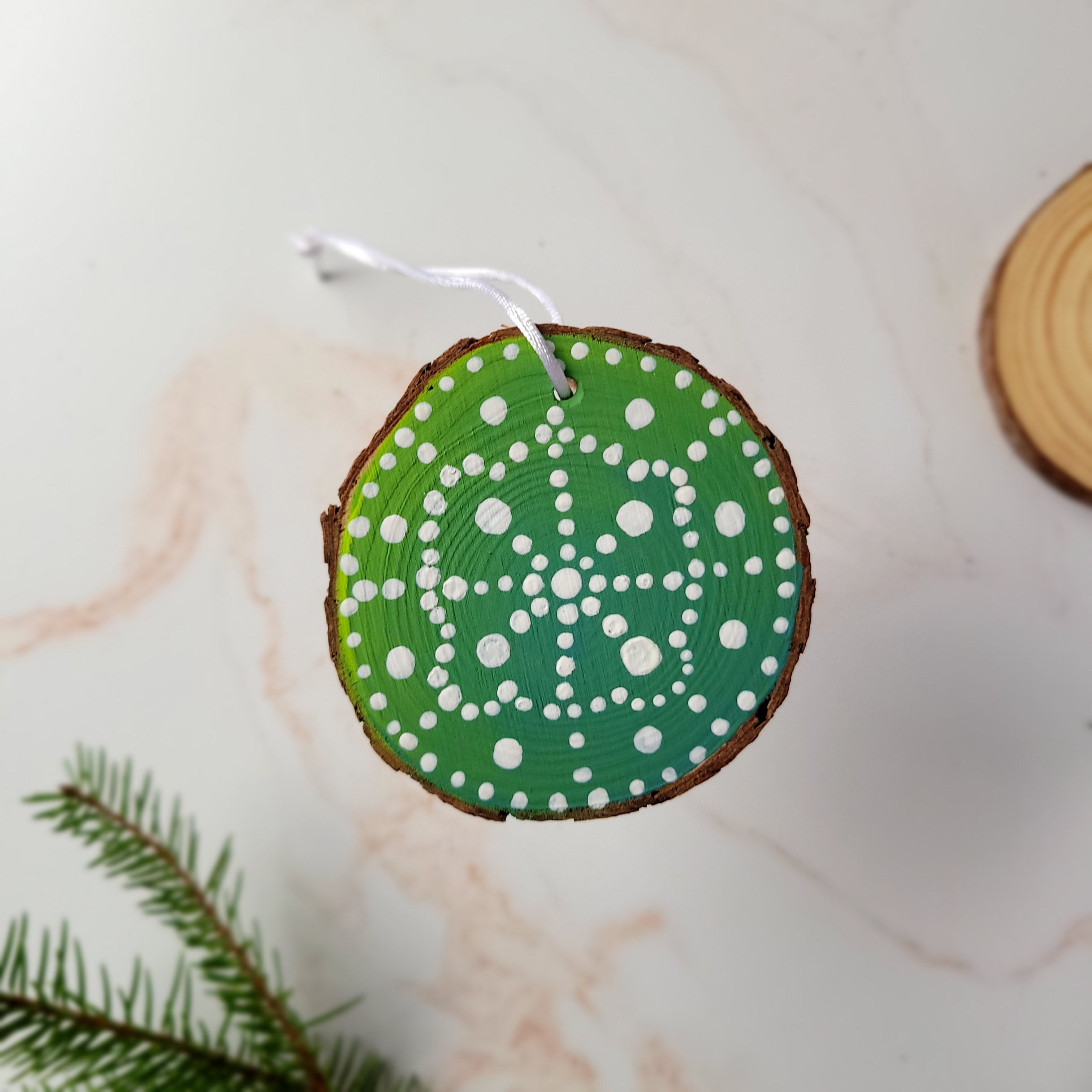 Hand-Painted Wood Slice Christmas Ornament - Dotted Green-Multi-Peel & Heal Studio