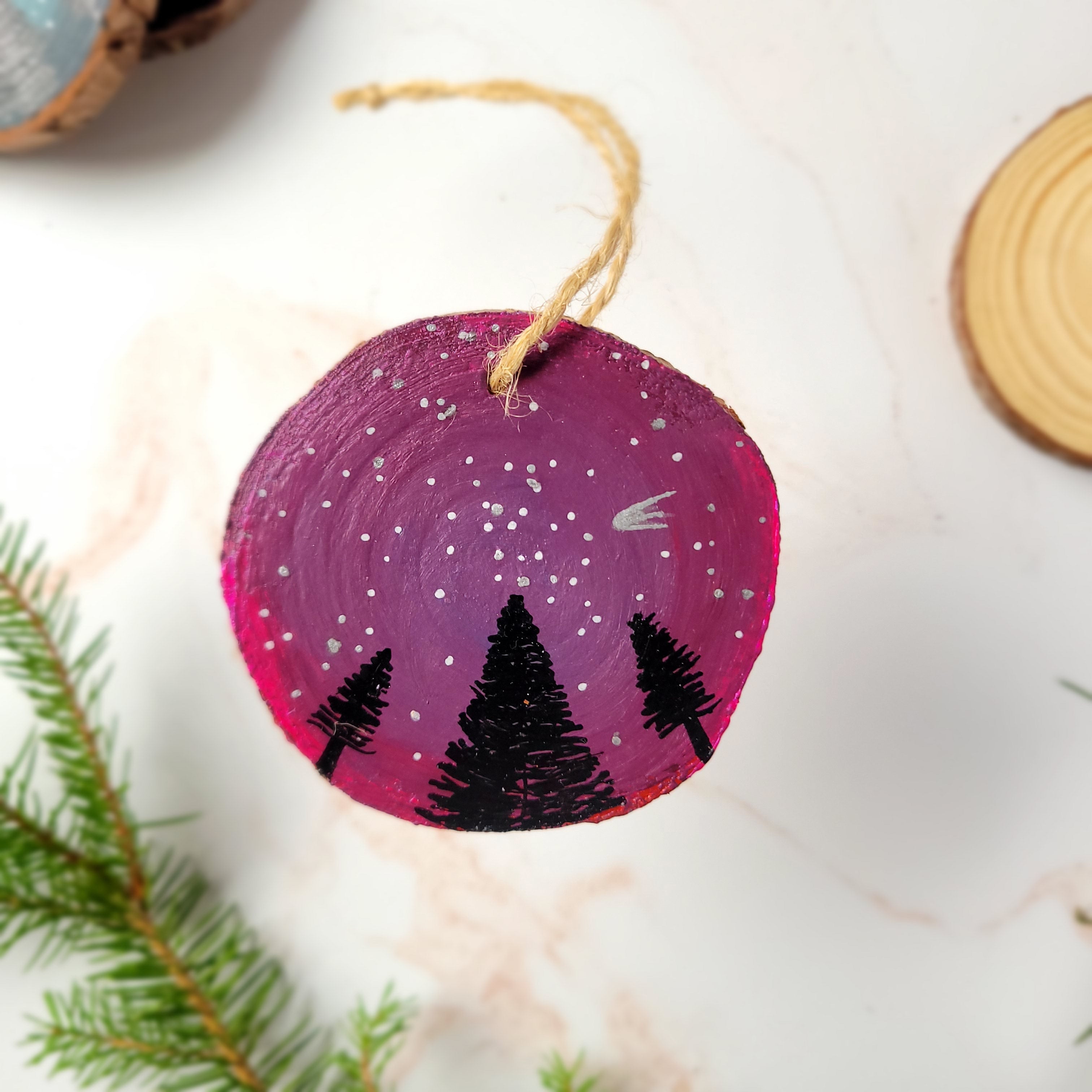 Hand-Painted Wood Slice Christmas Ornament - Pink Nature-Multi-Peel & Heal Studio