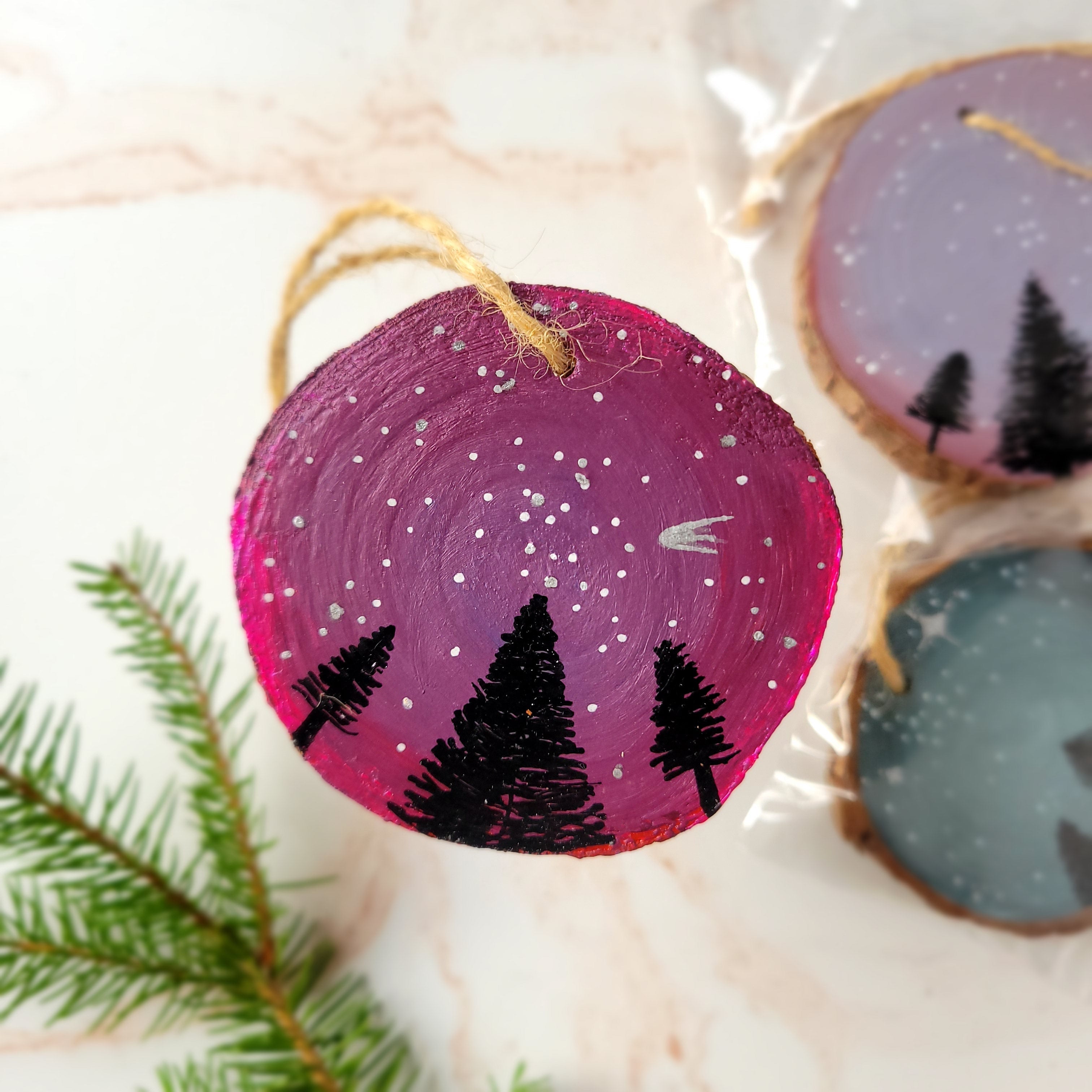 Hand-Painted Wood Slice Christmas Ornament - Pink Nature-Multi-Peel & Heal Studio
