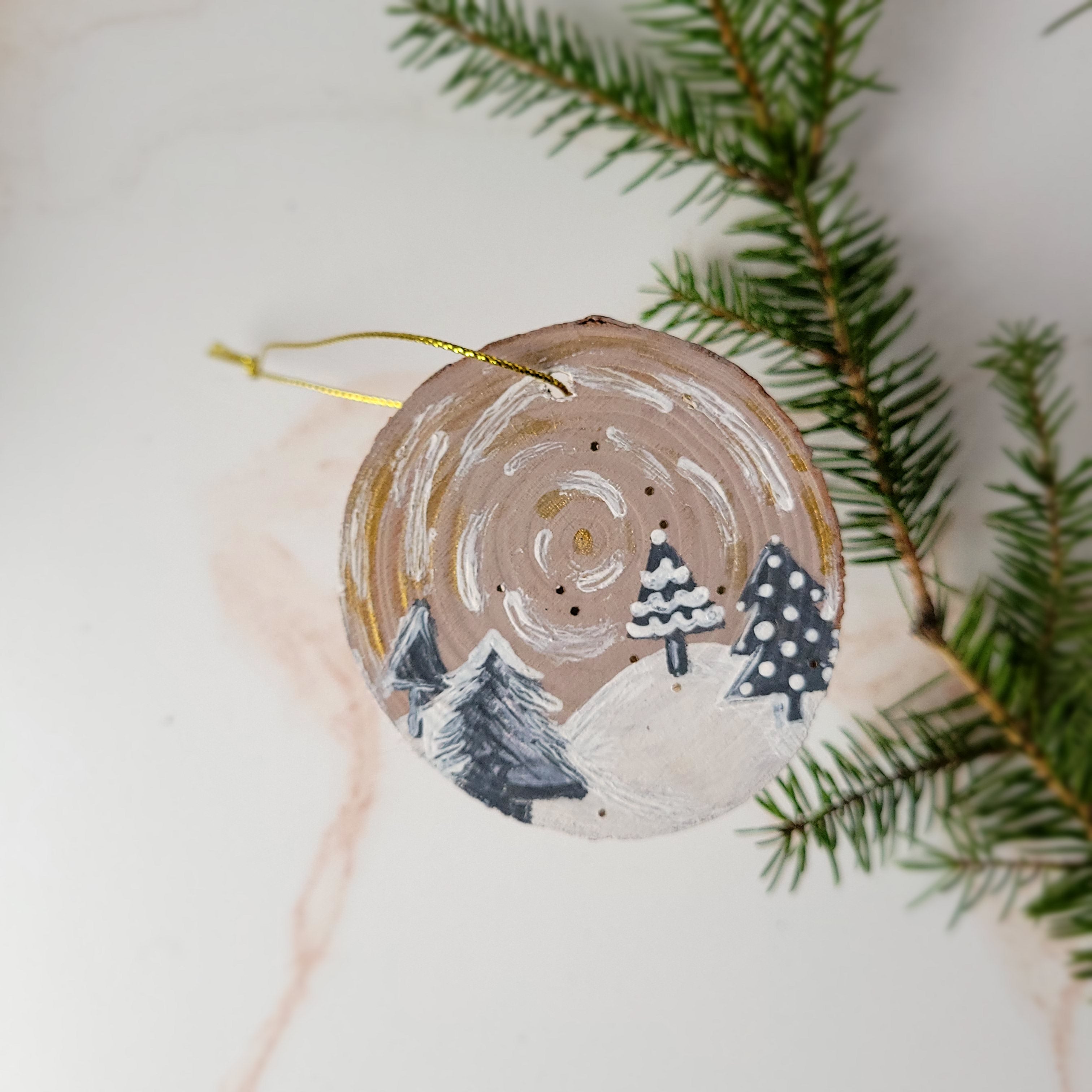 Hand-Painted Wood Slice Christmas Ornament - Winter Scene-Multi-Peel & Heal Studio