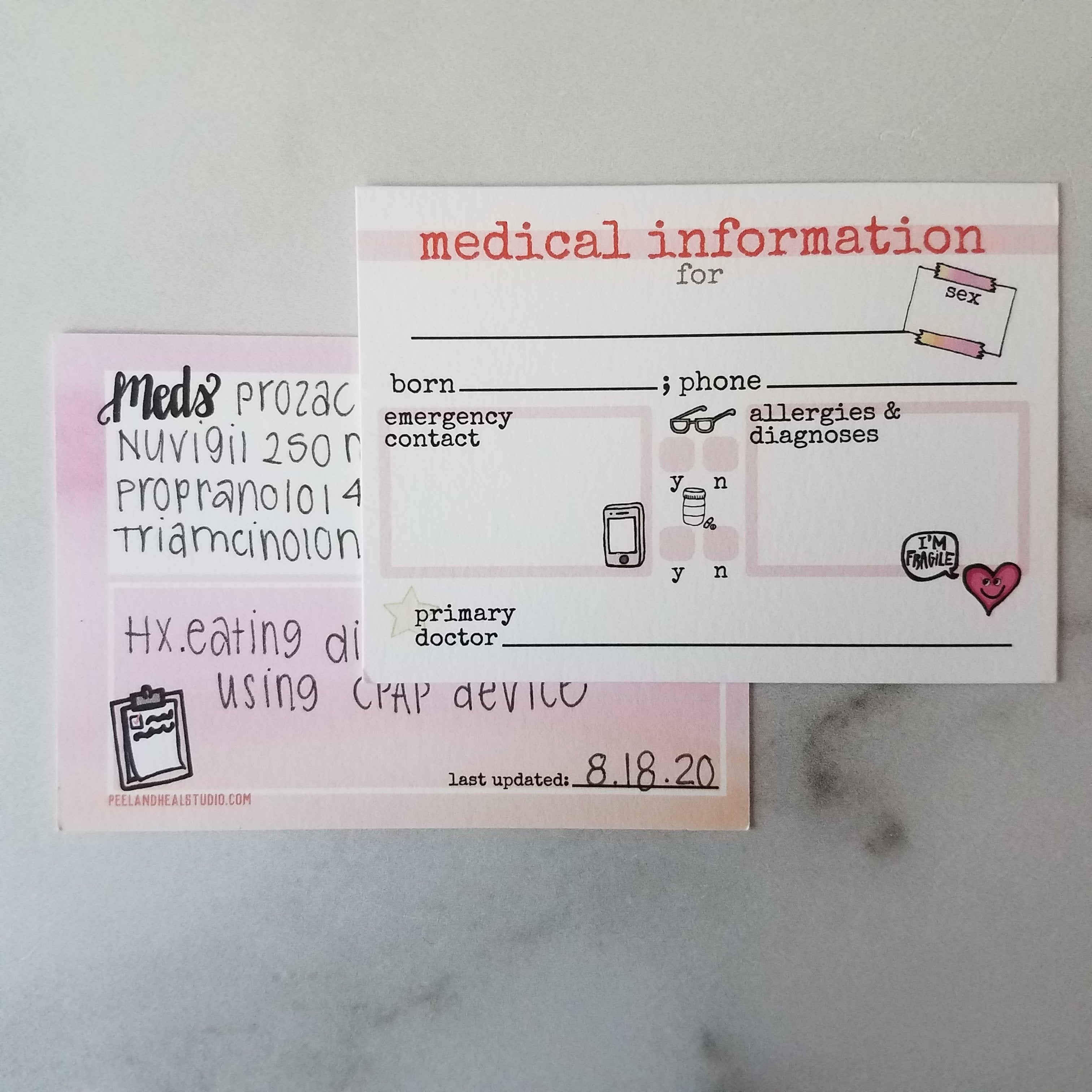 Medical Information Card - Doodled tools for self-care - Peel & Heal Studio