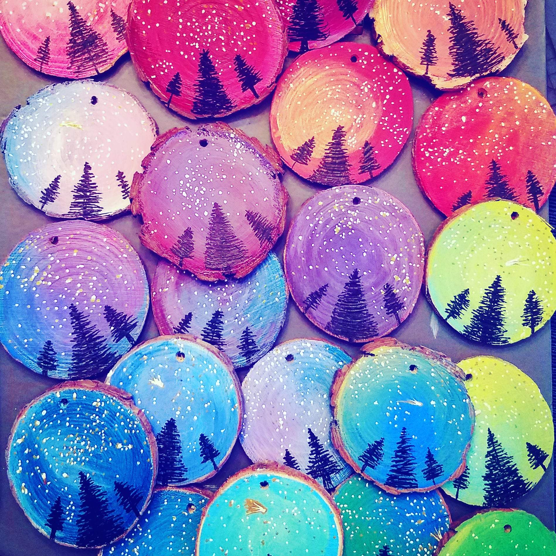 Nature's Skyline hand-painted wood round ornaments