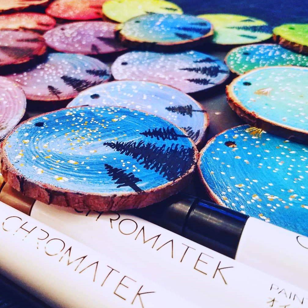 Nature's Skyline hand-painted wood round ornaments