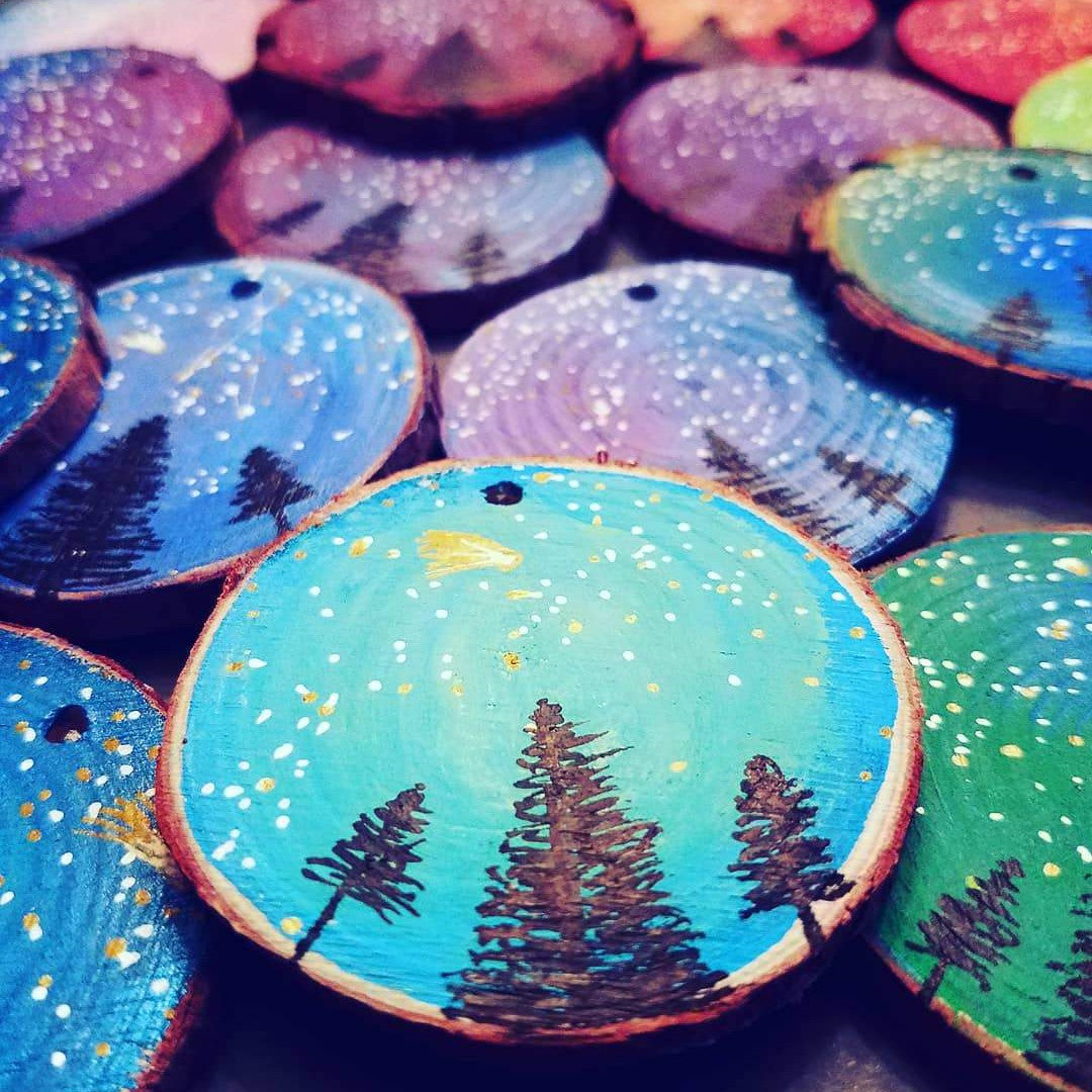Nature's Skyline hand-painted wood round ornaments