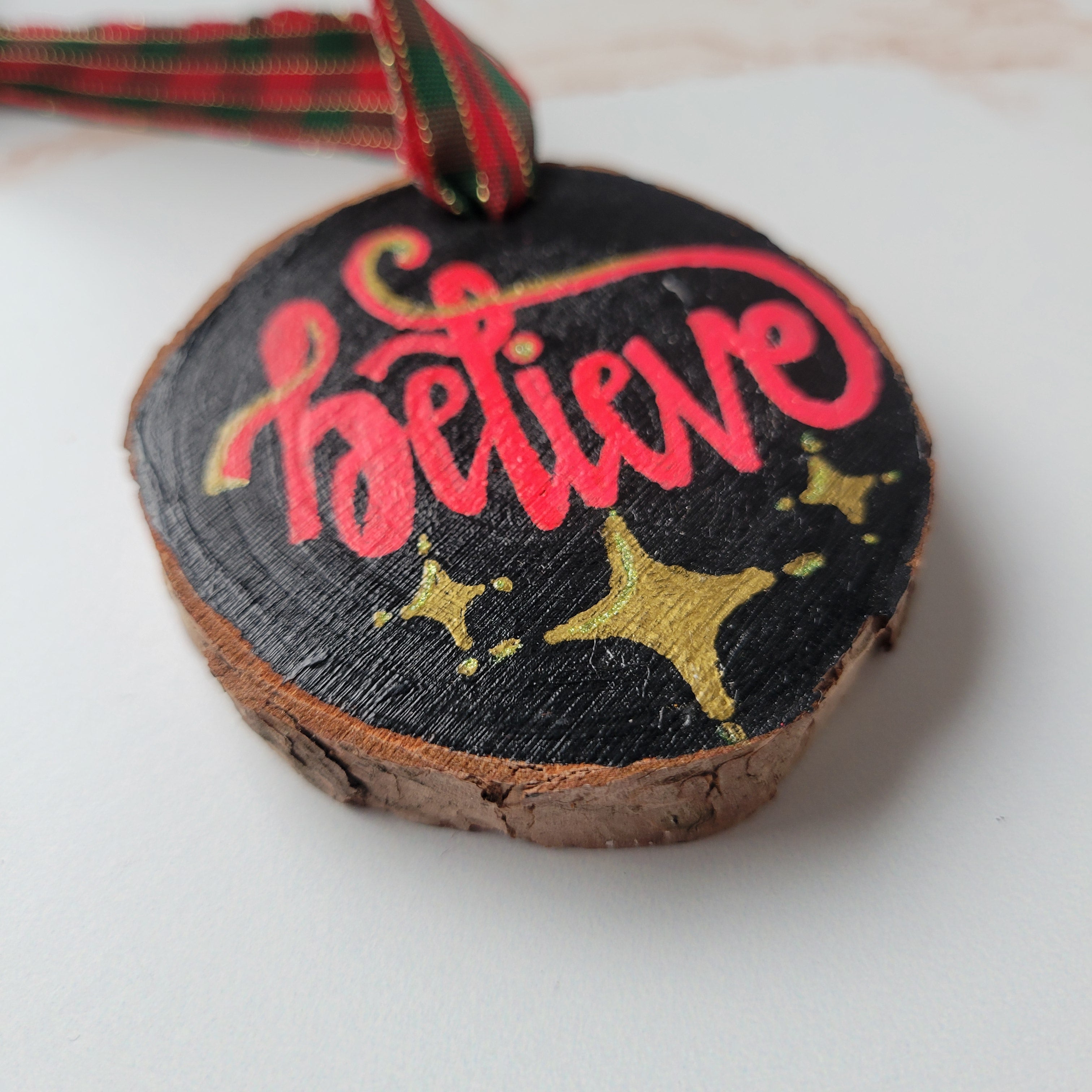 Hand-Painted Wood Slice Christmas Ornament - "Believe"